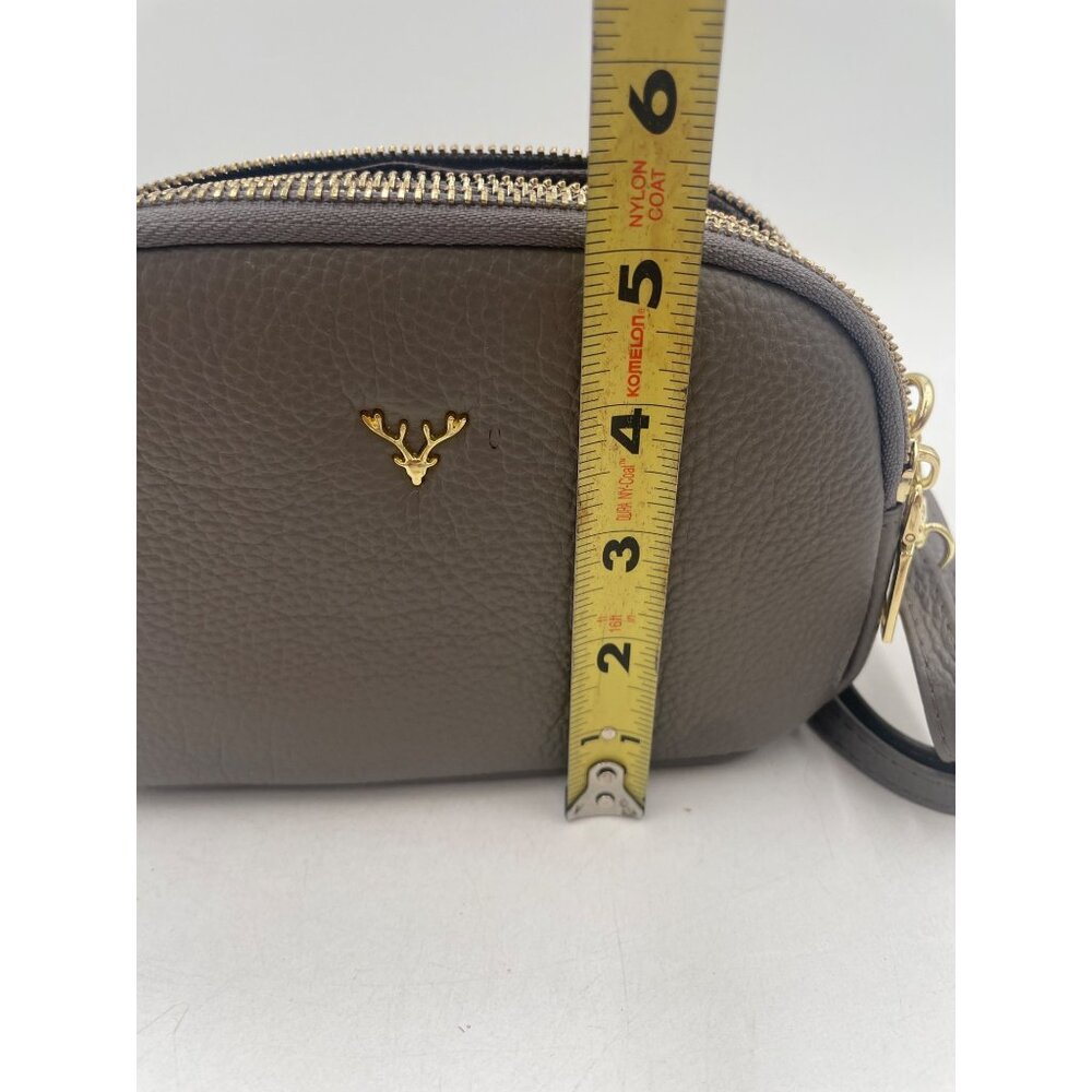 Brown Faux Leather Crossbody Bag With Gold Double Zippers & Antler Logo - Picture 12 of 12